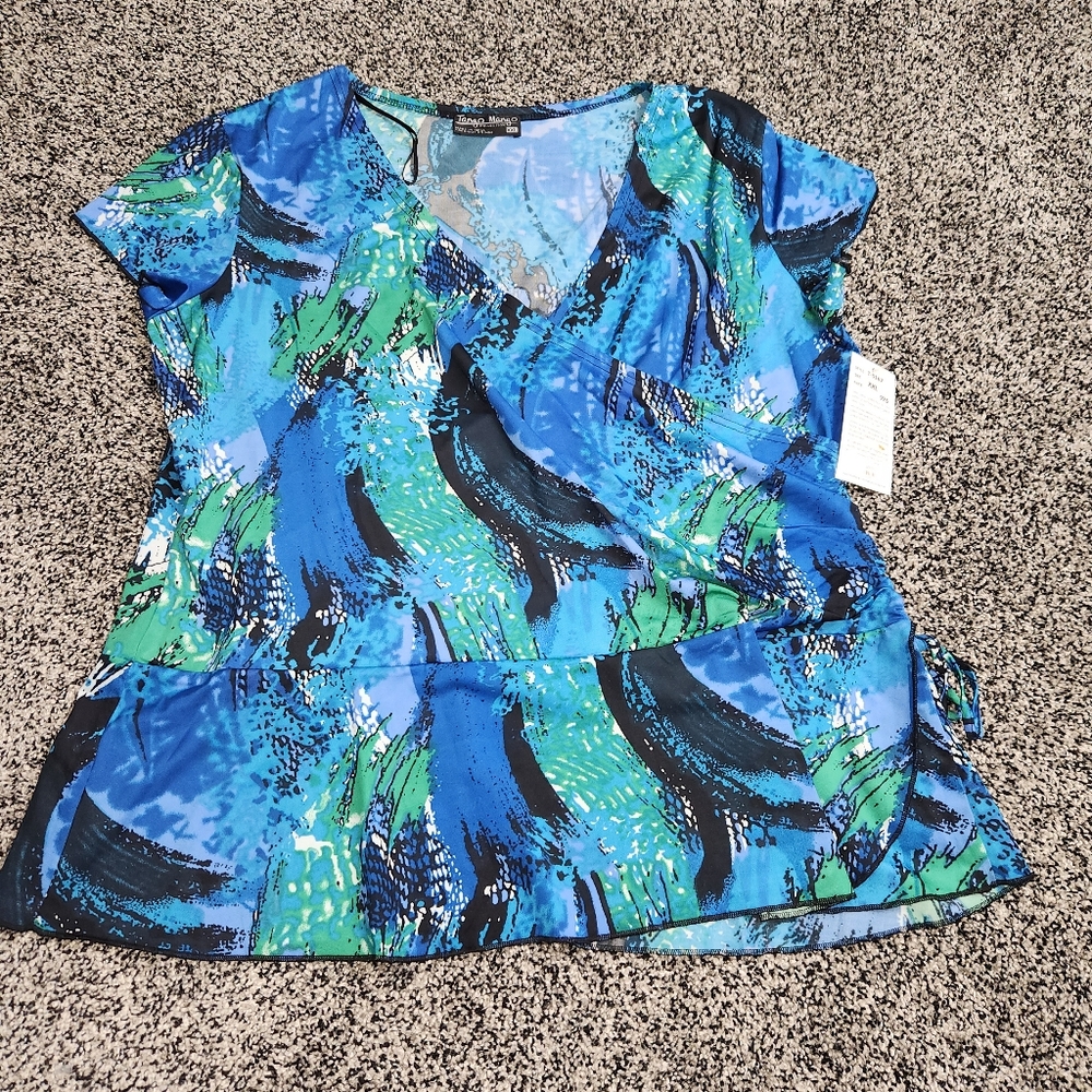 Tango Mango Vandana Dress V Neck Blouse Blue Green‎ Women's Size XXL Ruffle